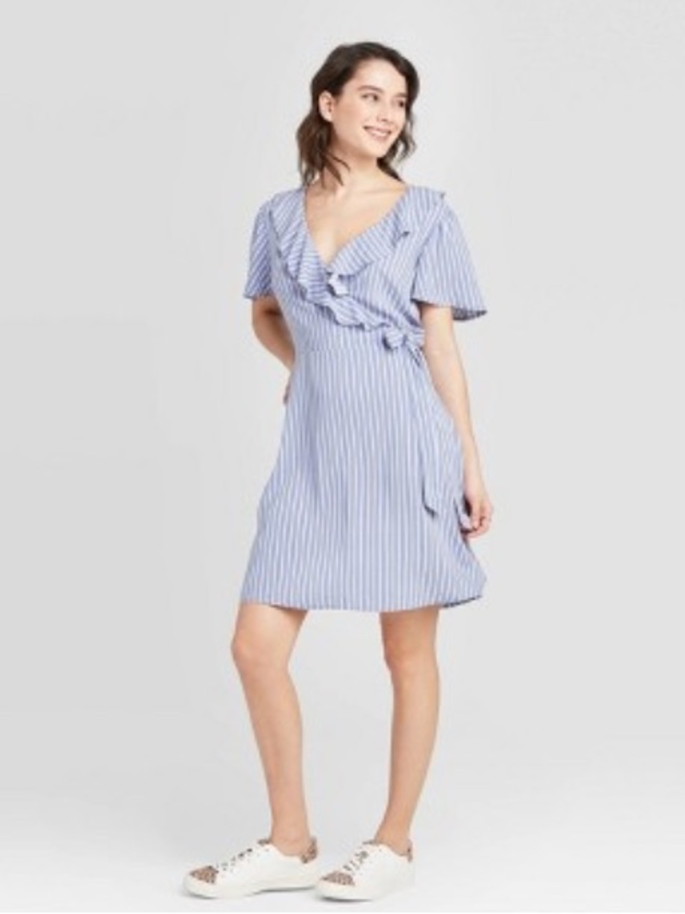 Xhilaration Blue & White Striped Ruffle Wrap Mini Dress